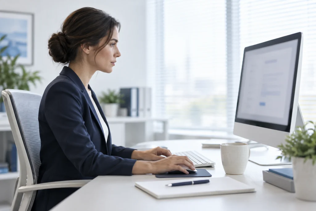 Financial-services coordinator reviewing a website enquiry route with no client data visible (AI-generated concept)