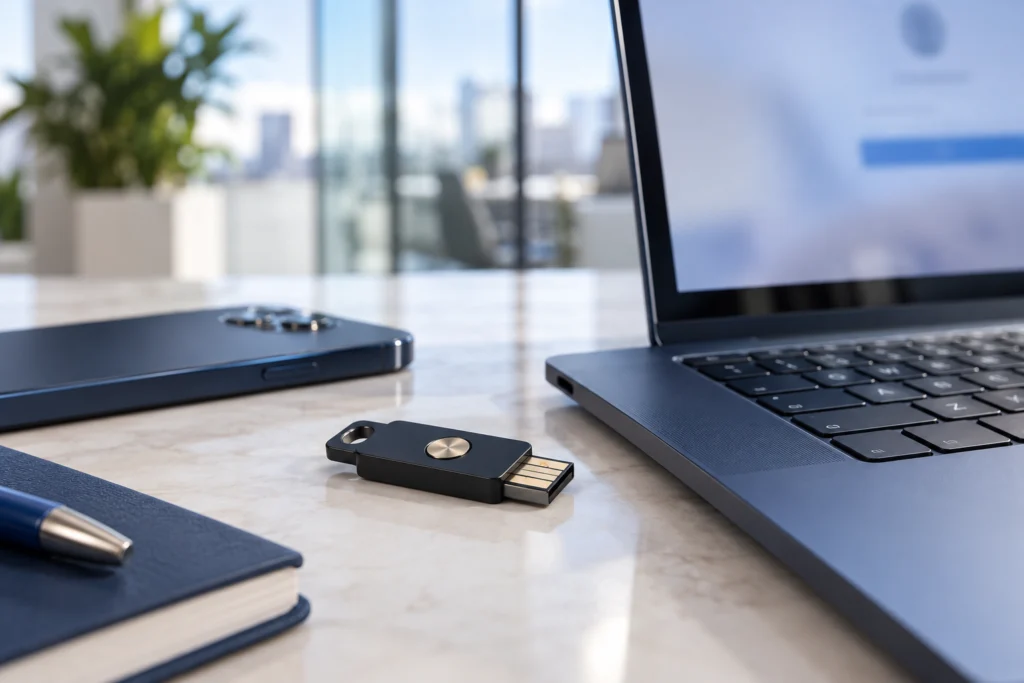Unbranded security key and laptop used to discuss official portal access (AI-generated concept)