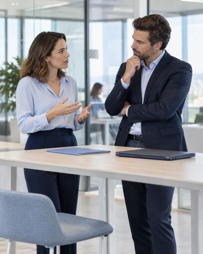 Website editor and financial-services manager discussing publishing responsibilities (AI-generated concept)