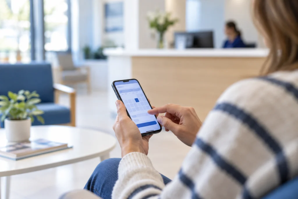 Person using a mobile device to arrange a clinic appointment in a bright reception area (AI-generated concept)
