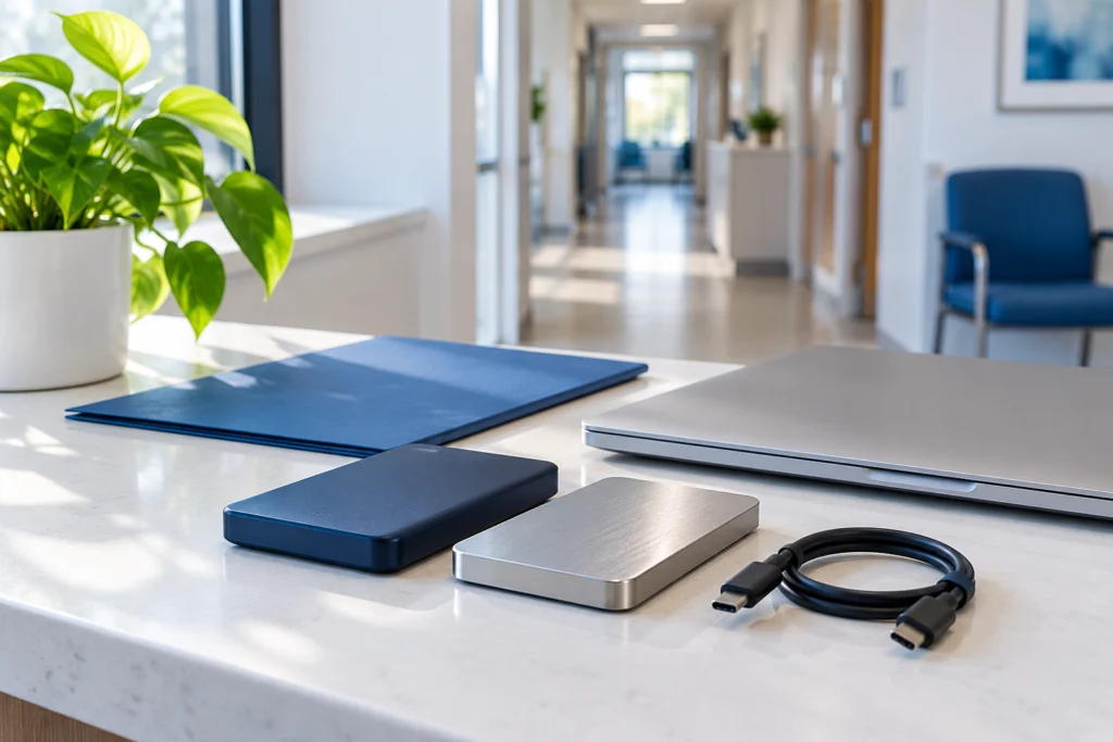 Backup storage drives and a laptop on a clinic administration desk with no patient records visible (AI-generated concept)