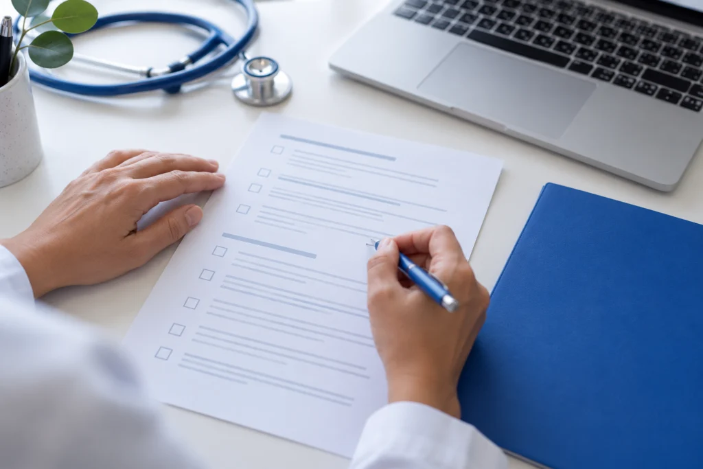 Clinic administrator reviewing a concise handover document beside a laptop and blue folder (AI-generated concept)
