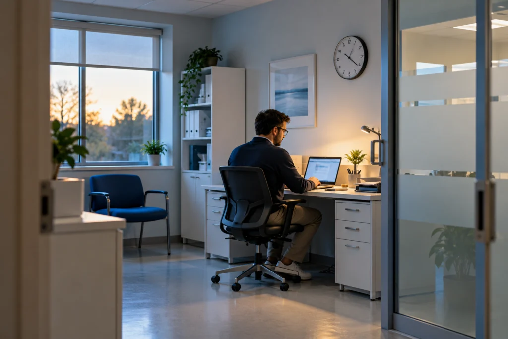 Website specialist working at a laptop in an empty clinic administration office after reception hours (AI-generated concept)