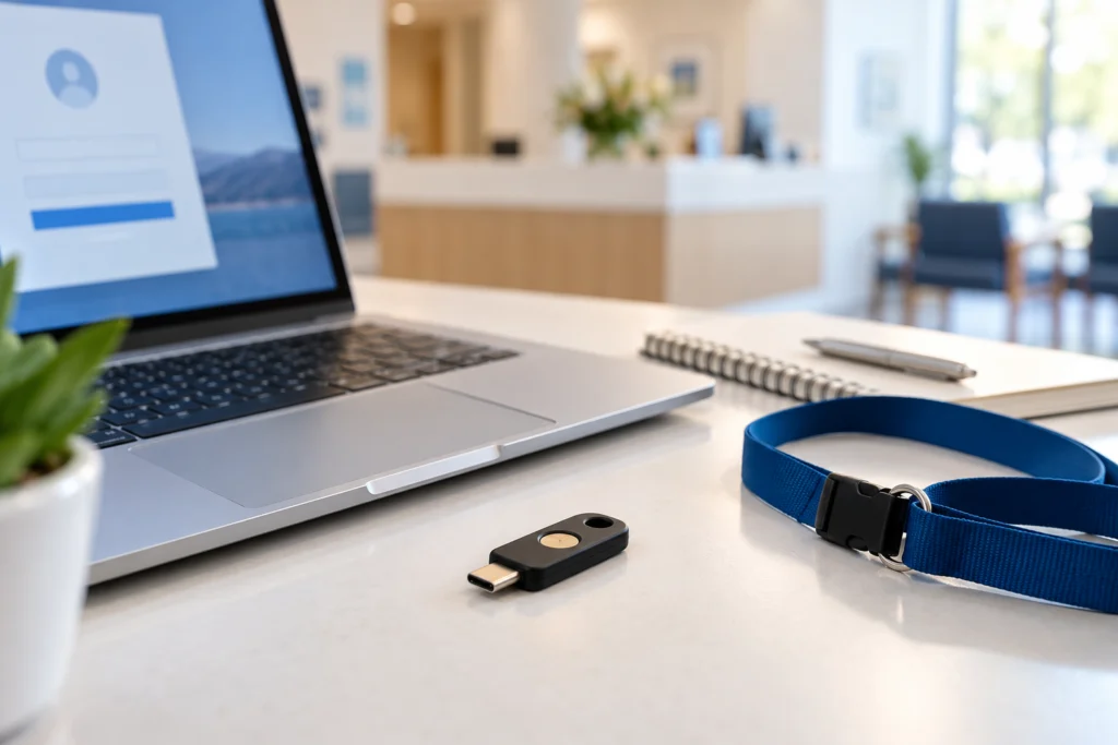 Hardware security key beside a clinic laptop with an out-of-focus sign-in screen (AI-generated concept)