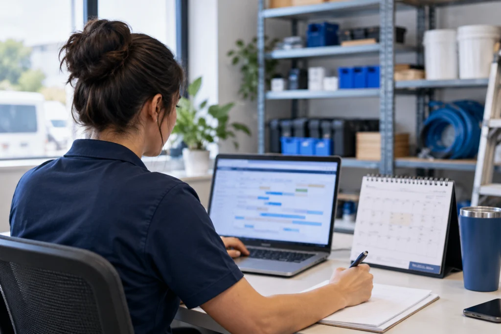 Dispatcher coordinating contractor appointments in a service office (AI-generated concept)