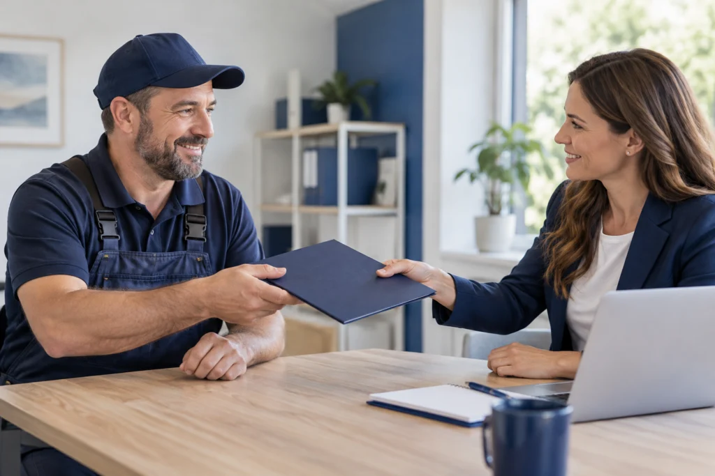 Contractor business owner receiving a website security handover (AI-generated concept)