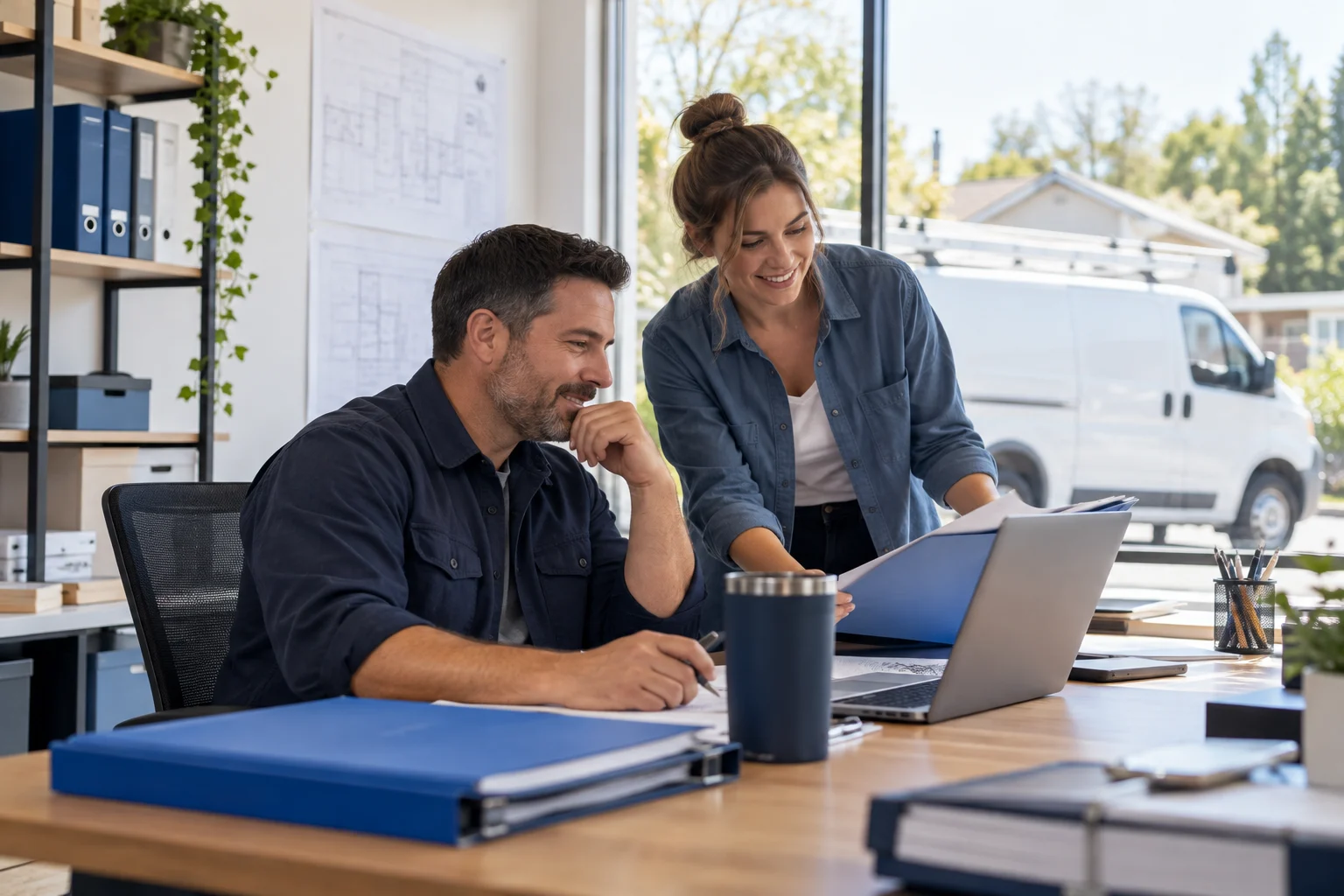 Home-service business owner and dispatcher reviewing a website in a bright trade office (AI-generated concept)