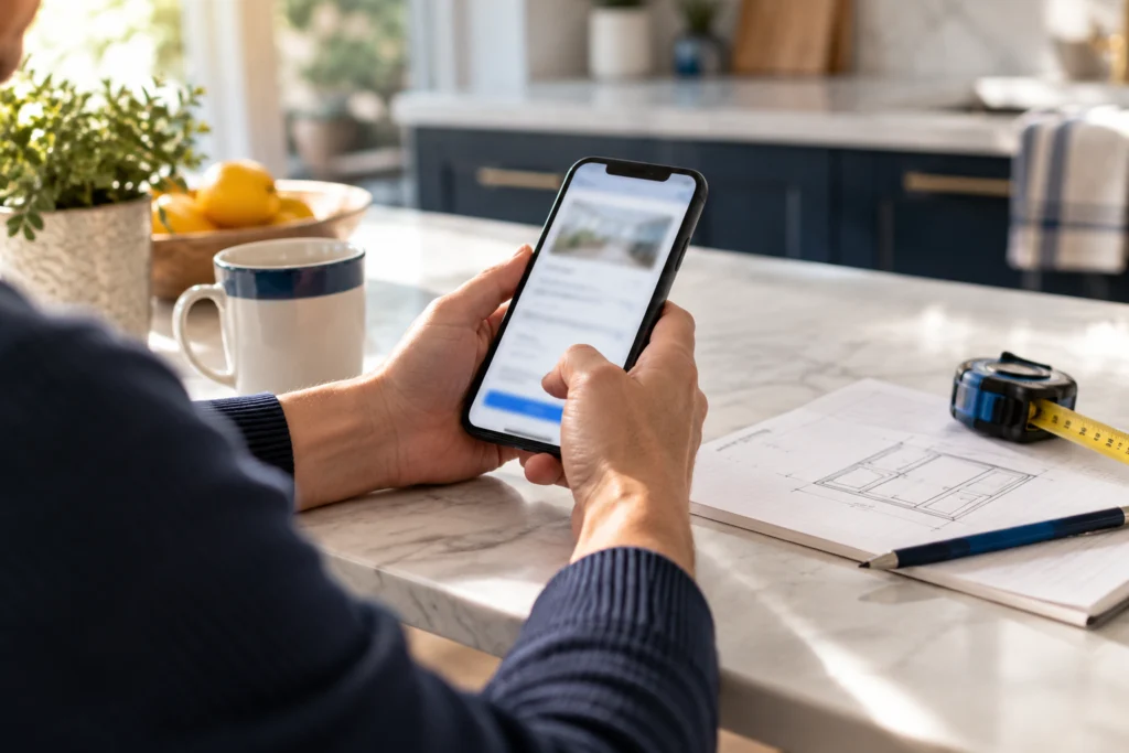 Homeowner preparing an online repair enquiry at a kitchen table (AI-generated concept)