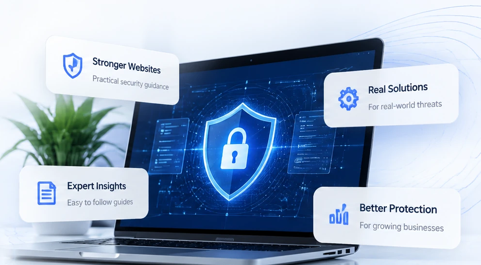 Illustrative cybersecurity laptop showing a glowing lock and helpful website security guidance