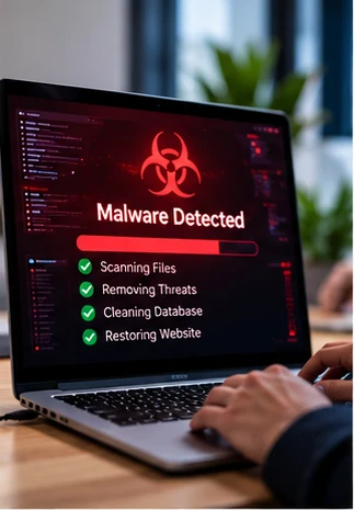 Illustrative computer showing a website malware cleanup workflow (AI-generated conceptual image)