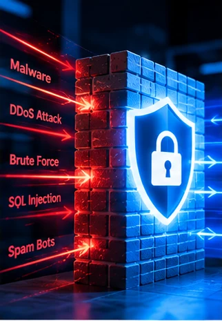 Illustrative firewall protection blocking malicious website traffic (AI-generated conceptual image)