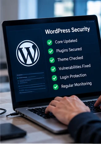 Conceptual WordPress security checklist on a laptop screen (AI-generated conceptual image)