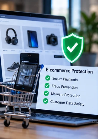 Illustrative online storefront protected with an ecommerce security symbol (AI-generated conceptual image)