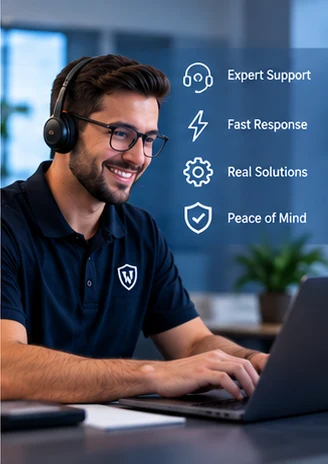 Conceptual cybersecurity support specialist at a service desk (AI-generated conceptual image)