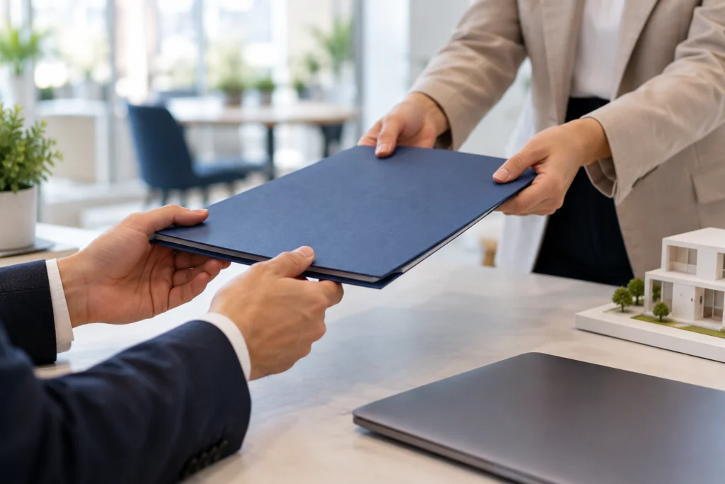 Property website owner receiving a plain action handover beside a laptop (AI-generated concept)