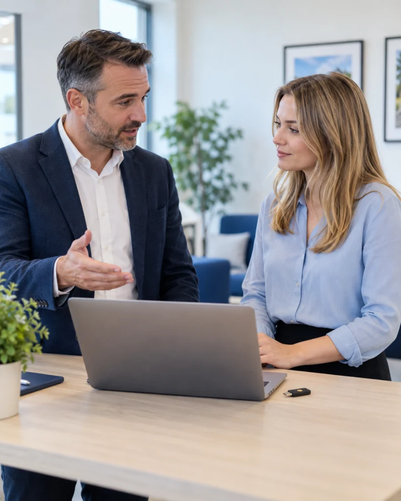 Branch manager and website editor discussing agent publishing access (AI-generated concept)