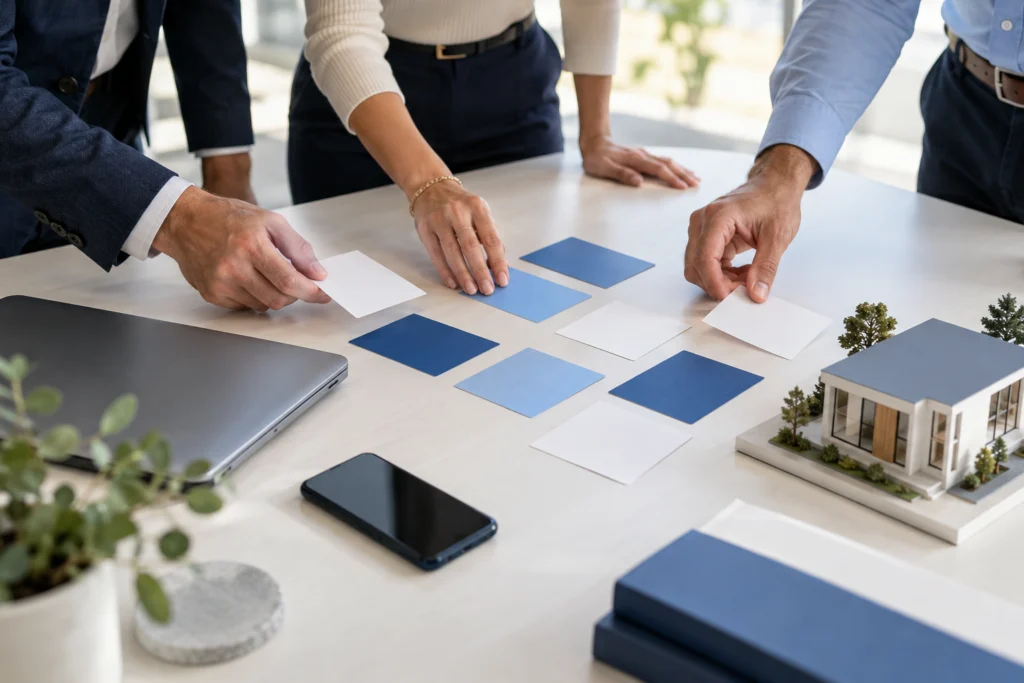 Property website team mapping connections to listing and booking platforms (AI-generated concept)