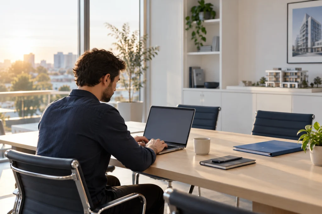 Website specialist preparing a controlled change in a quiet property office (AI-generated concept)