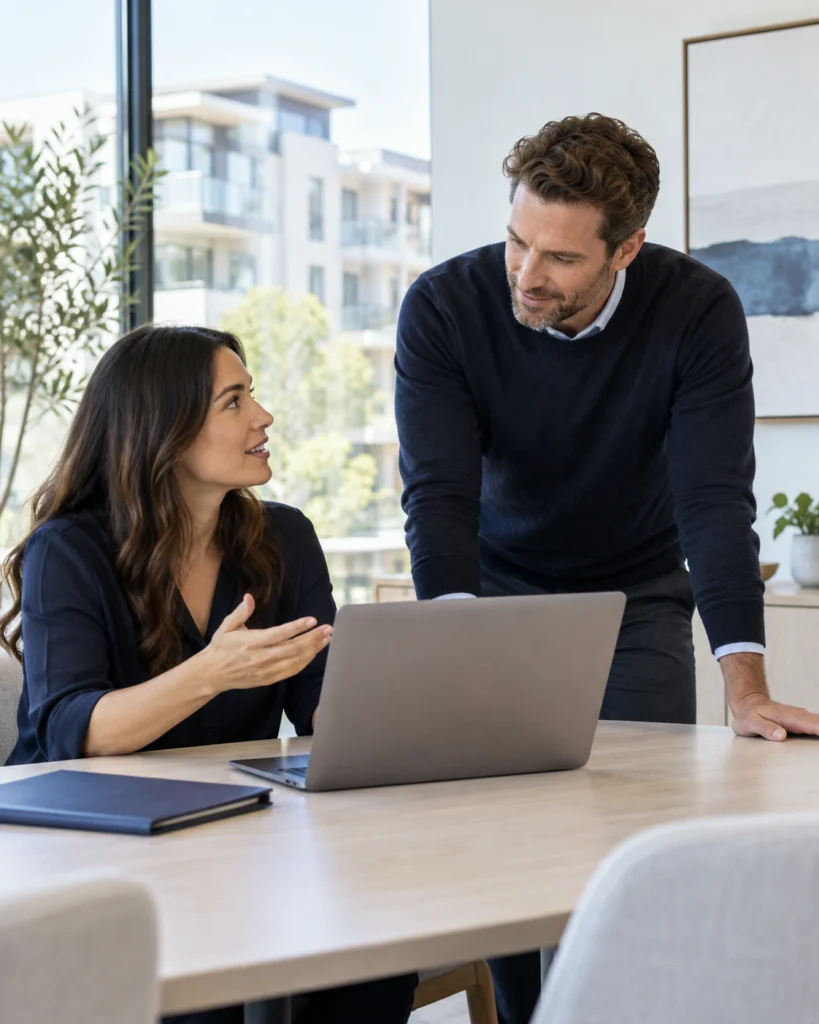 Real estate marketing lead and website consultant agreeing a review scope (AI-generated concept)