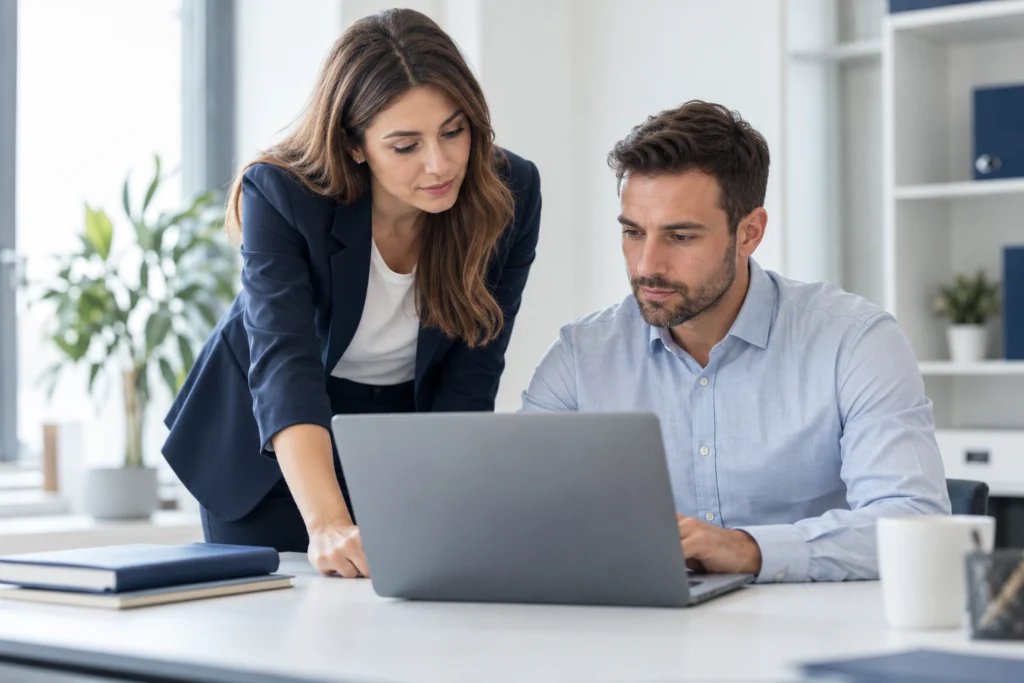 Recruitment operations manager discussing website publishing access (AI-generated concept)