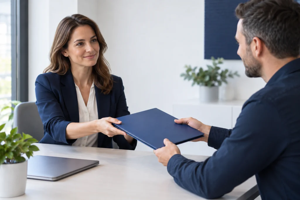 Recruitment agency owner receiving a website handover folder (AI-generated concept)
