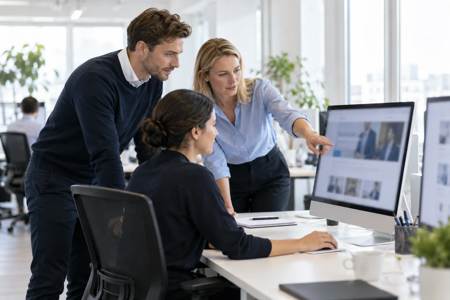 Recruitment team reviewing a public careers website in a bright office (AI-generated concept)