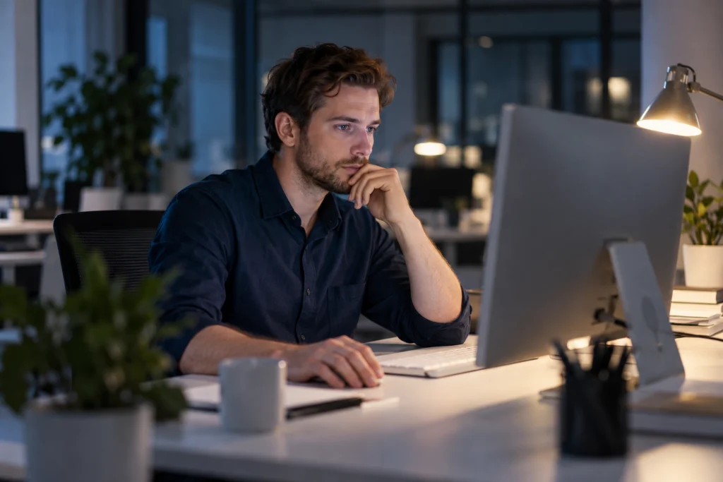 Website specialist checking a planned careers-site release (AI-generated concept)