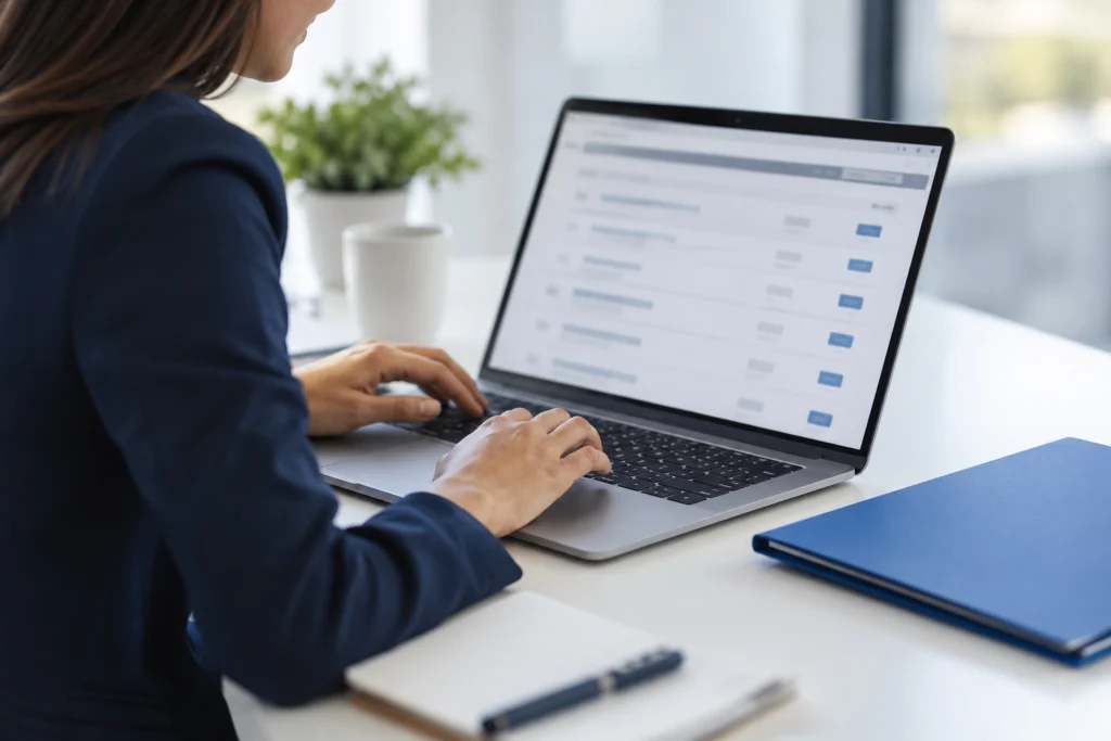 Recruiter reviewing vacancy publishing on a laptop (AI-generated concept)