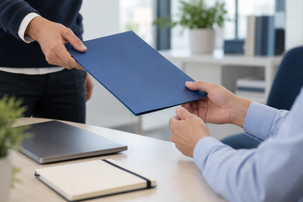 Website owner reviewing a plain action handover with a software team colleague (AI-generated concept)