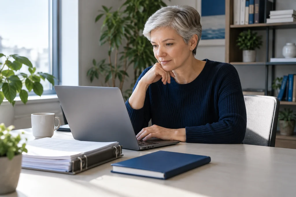 Technical writer reviewing public documentation beside a plain reference binder (AI-generated concept)