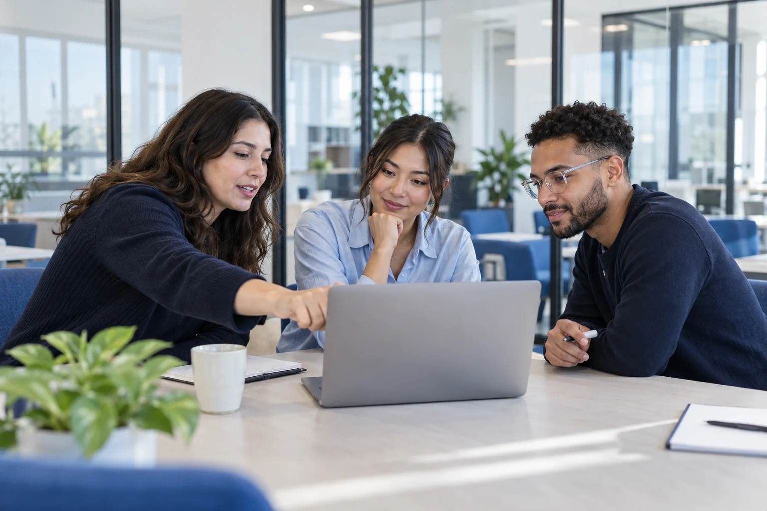Software company colleagues reviewing a public marketing website in a bright studio (AI-generated concept)