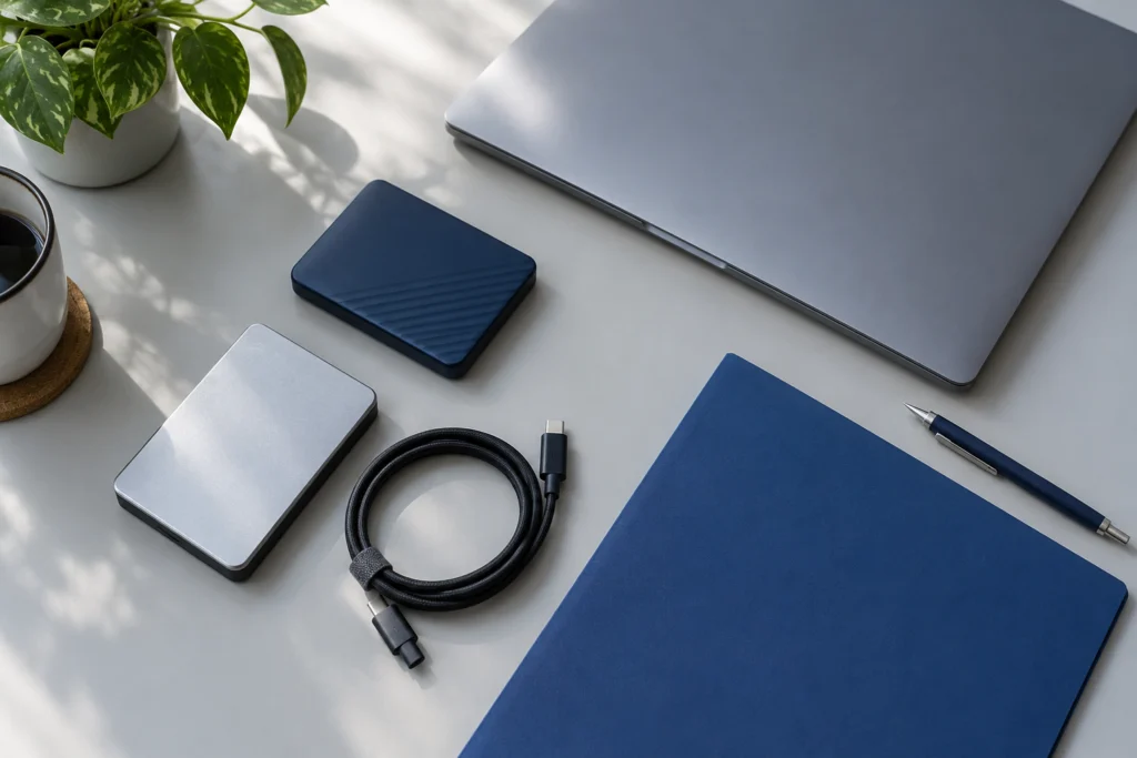 Backup storage and a closed laptop prepared for a public website recovery review (AI-generated concept)
