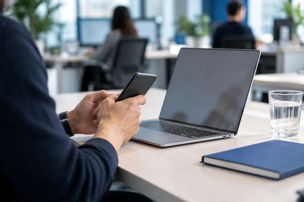 Adult visitor using a phone beside a laptop to discuss a website-to-trial handoff (AI-generated concept)