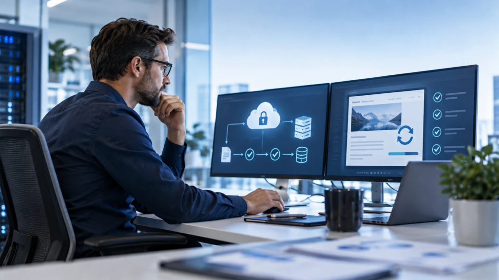 Technician reviewing site backup and restoration workflows (AI-generated conceptual imagery)
