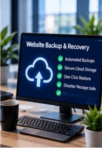 Illustrative website backup and disaster recovery checklist (AI-generated conceptual image)