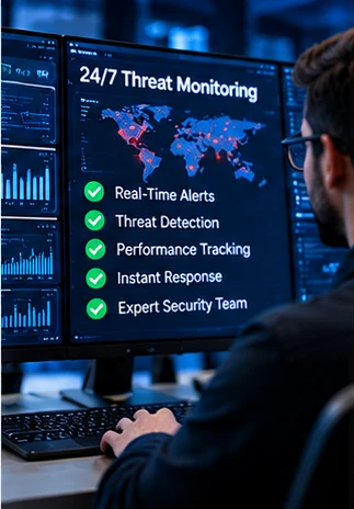 Cybersecurity monitoring workstation with illustrative website alert dashboards (AI-generated conceptual image)