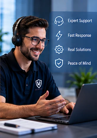 Illustrative cybersecurity support specialist discussing website security options (AI-generated conceptual image)