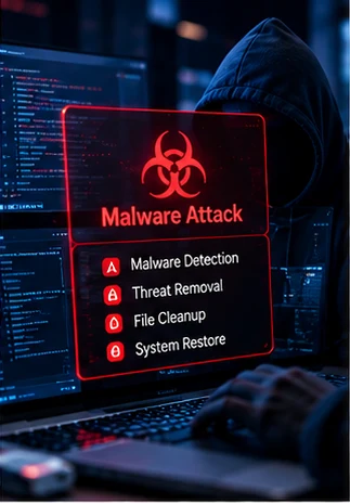 AI-generated concept of an active website malware warning shown on a dark computer screen (AI-generated concept)