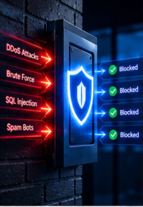 Conceptual firewall blocking malicious brute force and denial-of-service traffic (AI-generated concept)