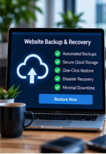 Illustrative website backup and recovery plan shown on an office laptop (AI-generated concept)