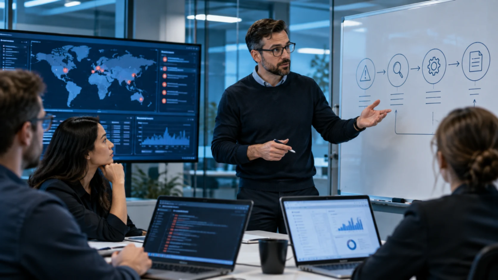 Cybersecurity team discussing threat alerts and a remediation workflow (AI-generated conceptual imagery)