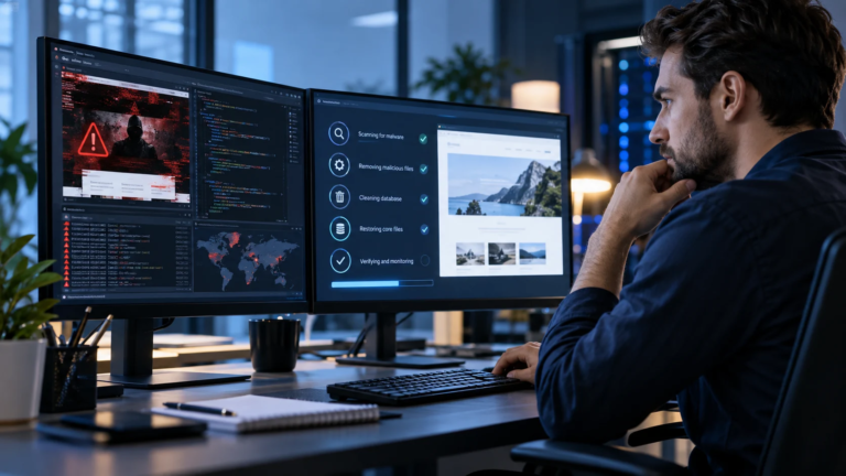 Website malware investigation and recovery workflow shown on computer screens (AI-generated conceptual imagery)