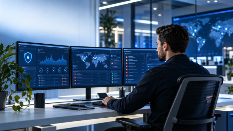 Security operations specialist examining monitoring dashboards and alerts (AI-generated conceptual imagery)