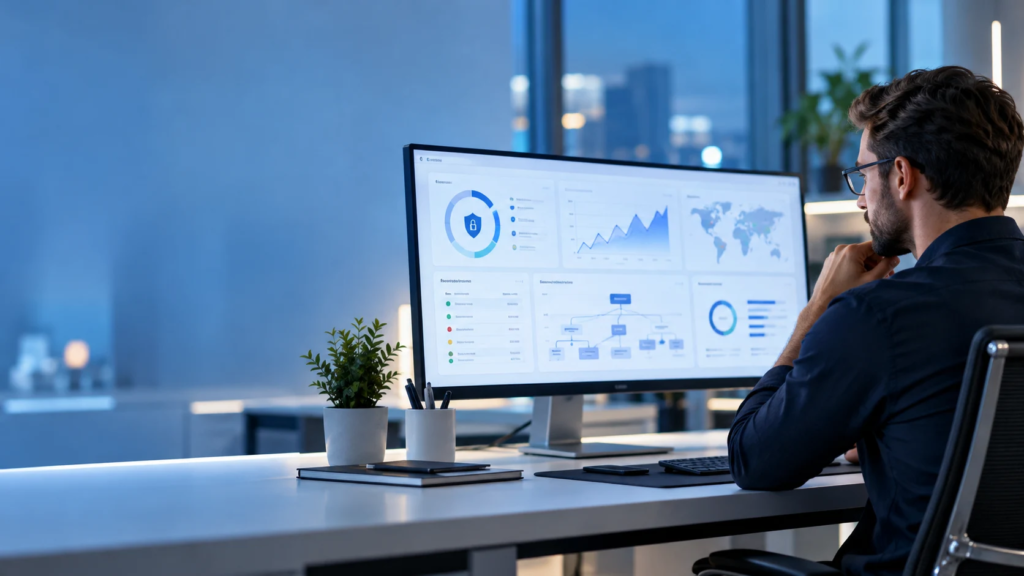 Conceptual cybersecurity analyst reviewing website risk assessment dashboards (AI-generated conceptual imagery)