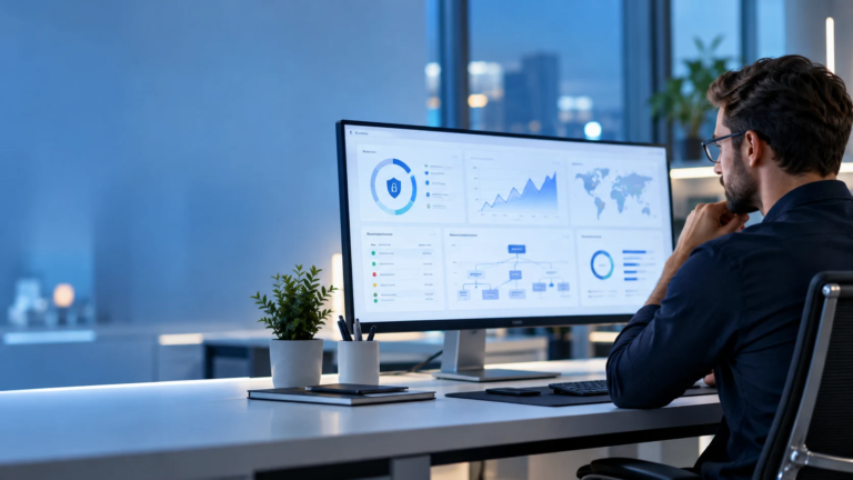 Conceptual cybersecurity analyst reviewing website risk assessment dashboards (AI-generated conceptual imagery)