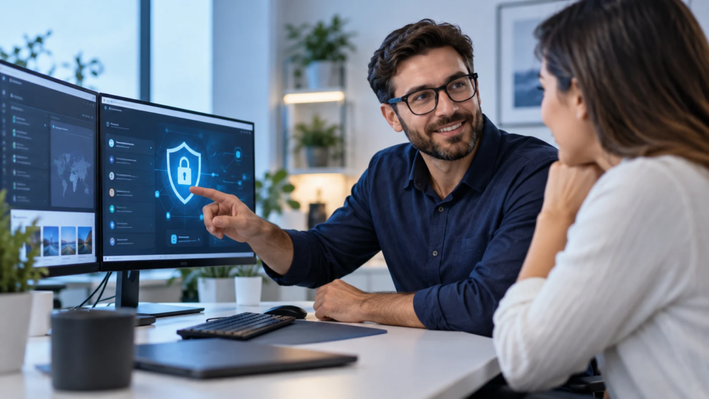 Cybersecurity adviser discussing website security with a customer (AI-generated conceptual imagery)