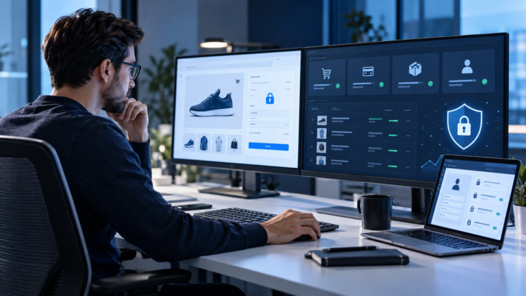 Cybersecurity specialist reviewing online store checkout and account security (AI-generated conceptual imagery)