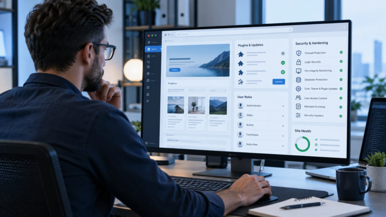 WordPress website administrator inspecting updates and security controls (AI-generated conceptual imagery)