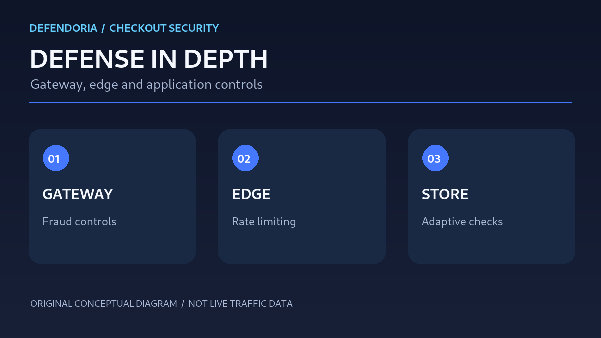Original visual showing WooCommerce checkout protection layers at gateway, edge and store