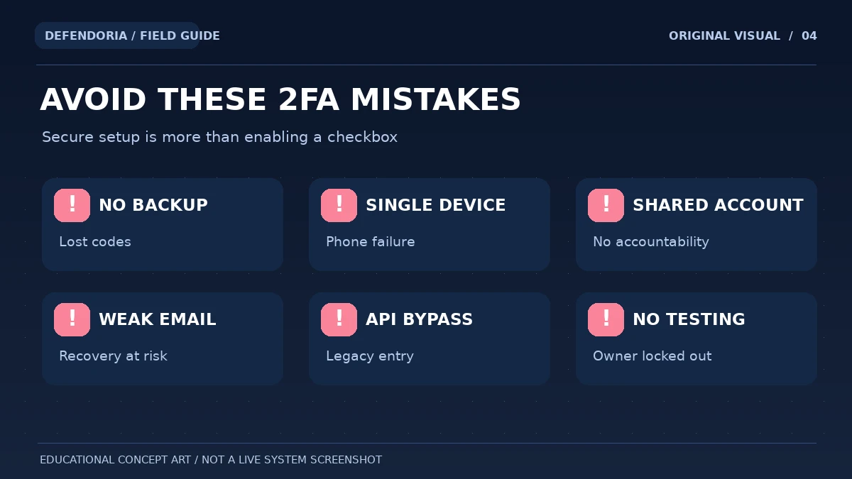 Original WordPress 2FA diagram showing missing recovery, single-device reliance and weak fallback risks